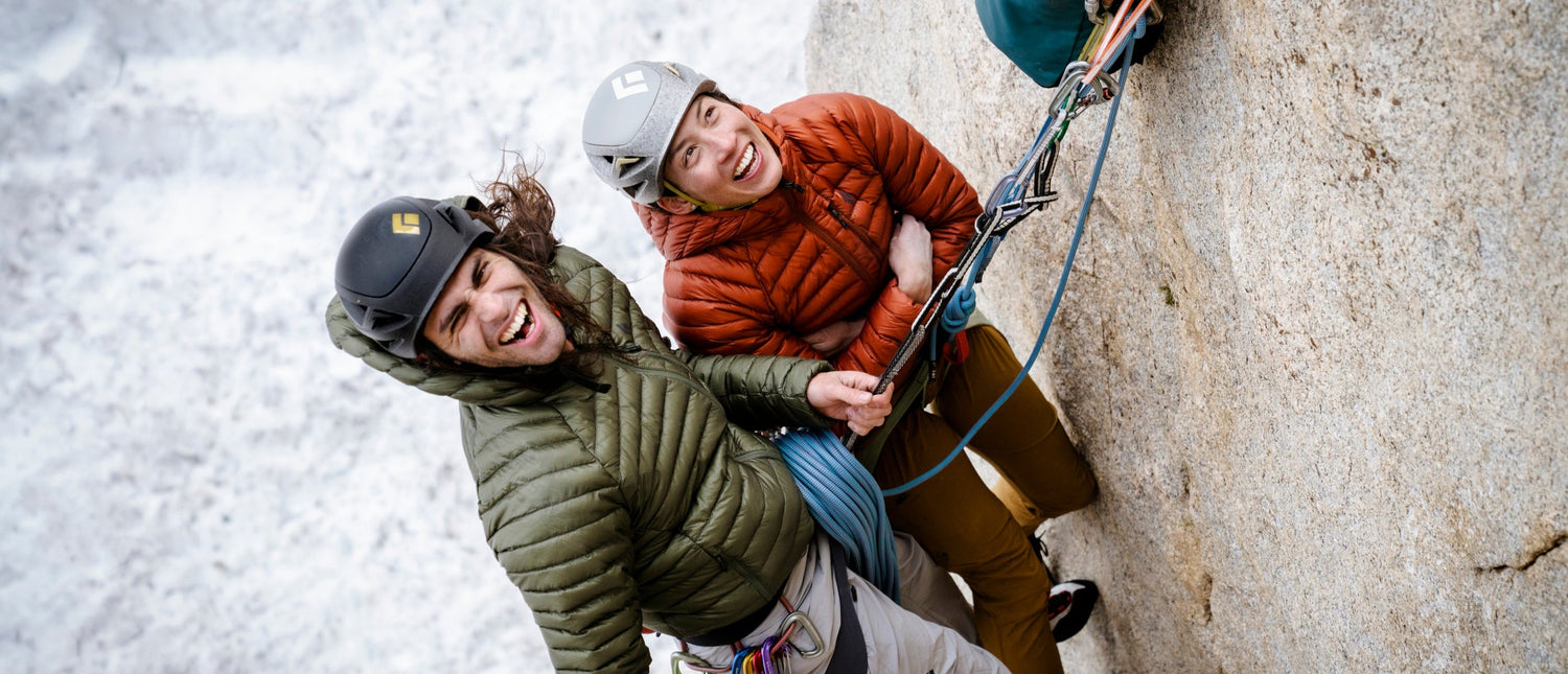 Two climbers on a belay ledge. 