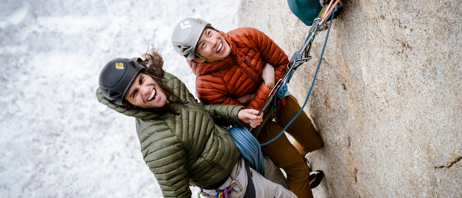 Two climbers on a belay ledge. 