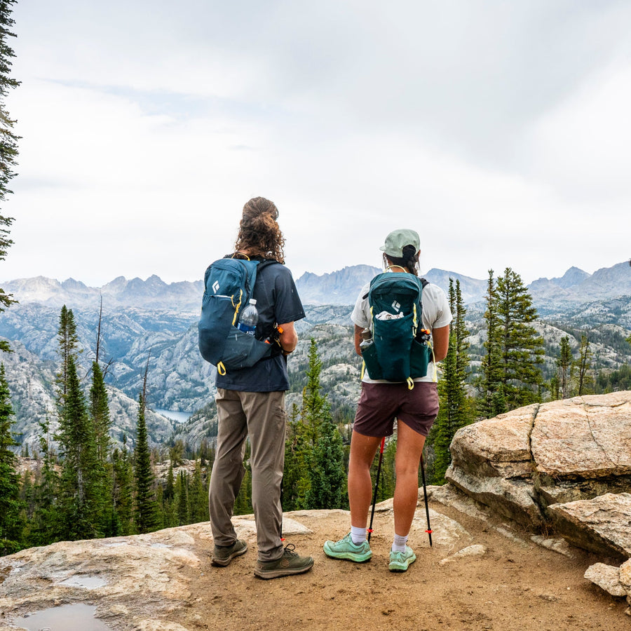 Two hikers wearing Black Diamond packs look out at a mountain vista. 