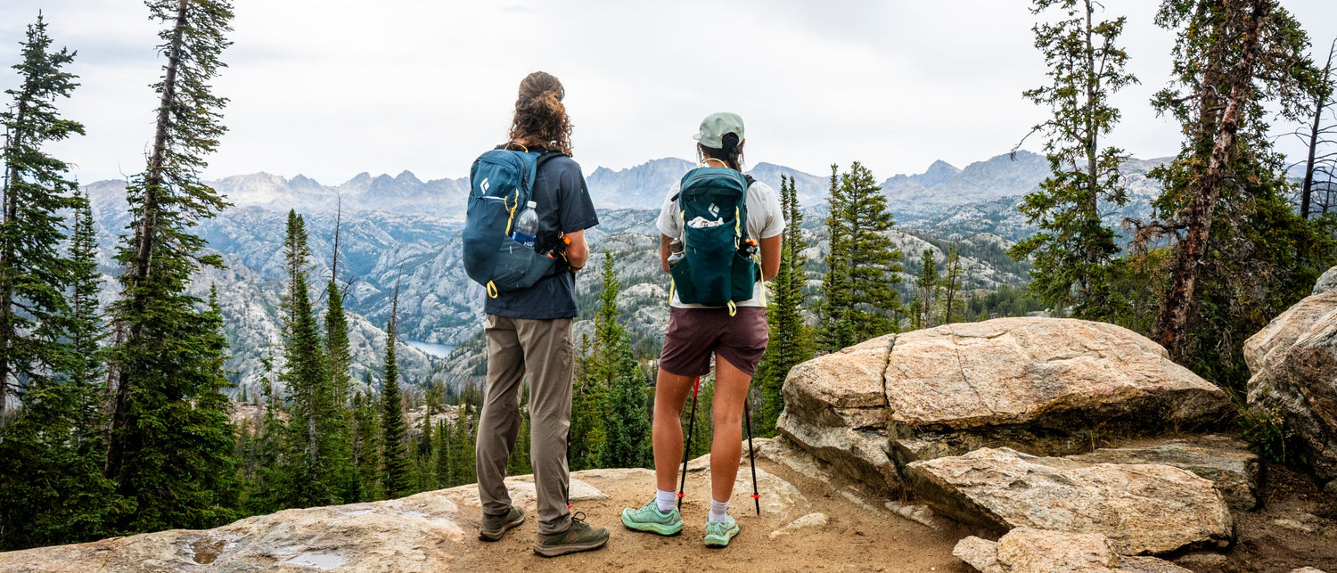 Two hikers wearing Black Diamond packs look out at a mountain vista. 